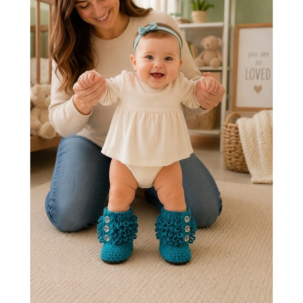 Handmade Teal Crochet Baby Boots, Curly Fringe, Iridescent Buttons (0-3 Months)